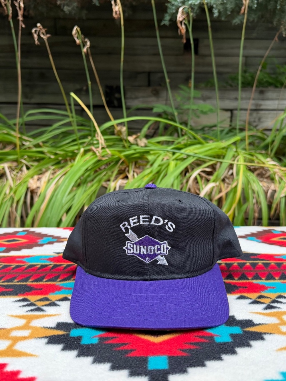 Vintage Reed’s Sunoco Gas Station Snapback Hat Black Purple Yupoong